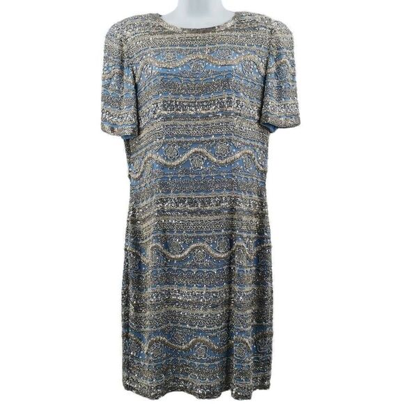 Heavy Vintage Gray Blue Silk Dress Hand Embellished in Silver Glass Beads | B. H - Picture 1 of 4